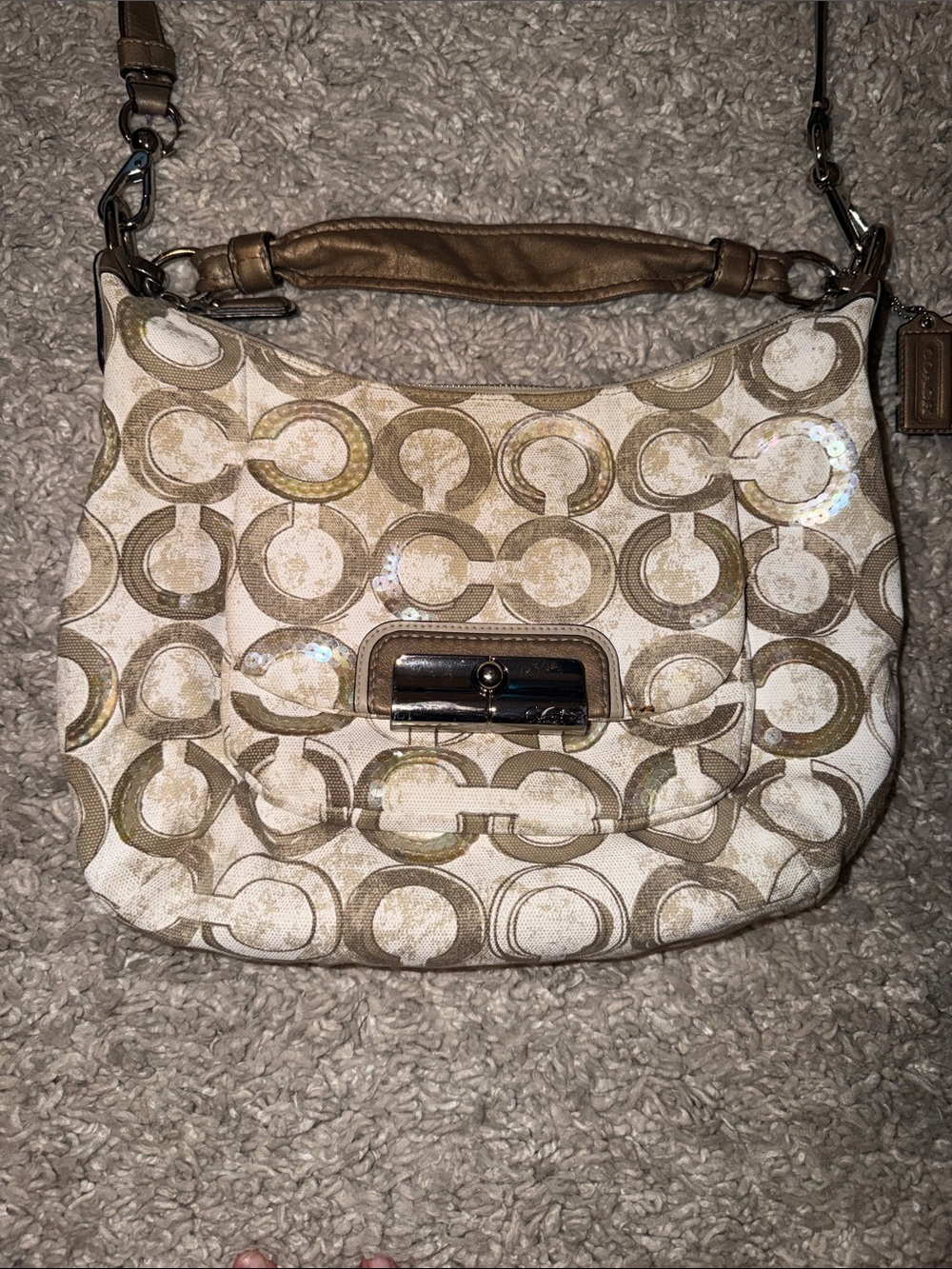Coach Signature Metallic Cream & Tan Hobo Bag with 2 Hang Tags - Picture 2 of 15